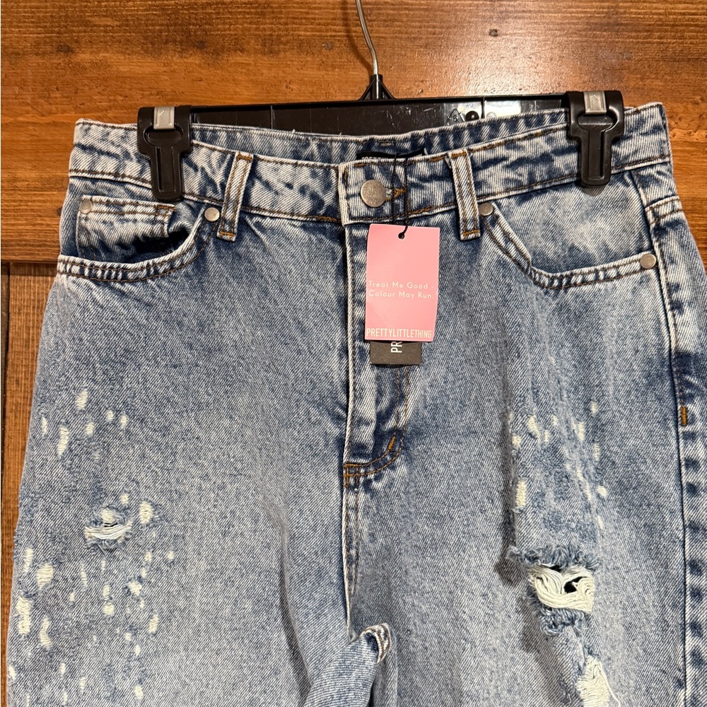Pretty Little Thing PLT Petite Wide‎ Leg Distressed Boyfriend Jeans NWT Size 12 - Picture 2 of 7